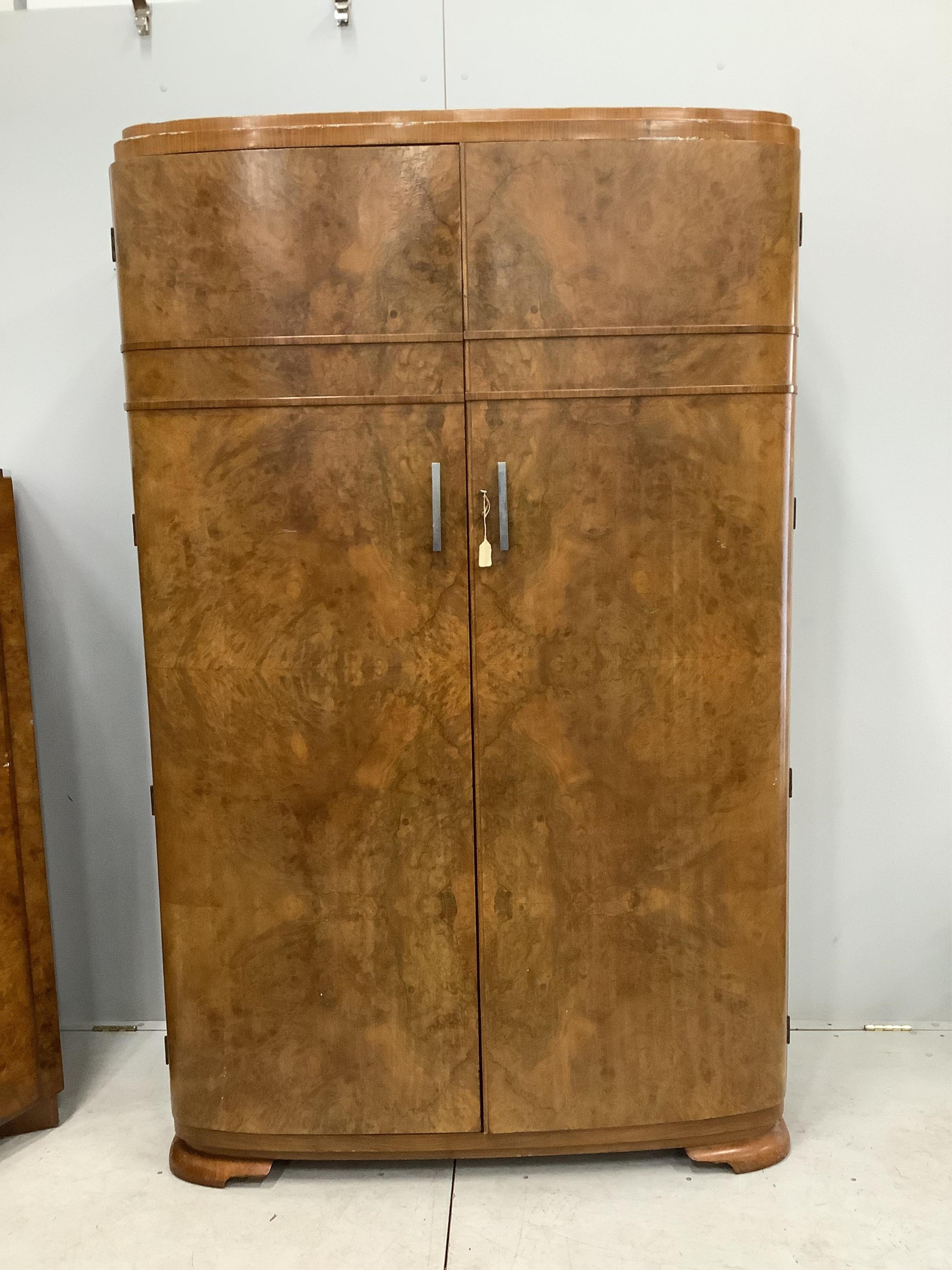 An Art Deco style walnut wardrobe and a gentleman's wardrobe, larger width 124cm, depth 52cm, height 194cm. Condition - fair